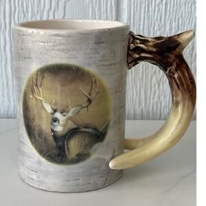 Unique Ceramic Mug Deer Graphic Antler Handle Novelty Collectible Drinkware